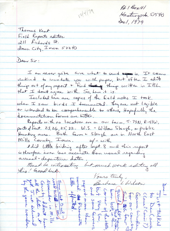 Field notes contributed by Barbara L. Wilson in a letter to Thomas H. Kent, December 1, 1979. This item was used as supporting documentation for the Iowa Ornithologists Union Quarterly field report of fall 1979.