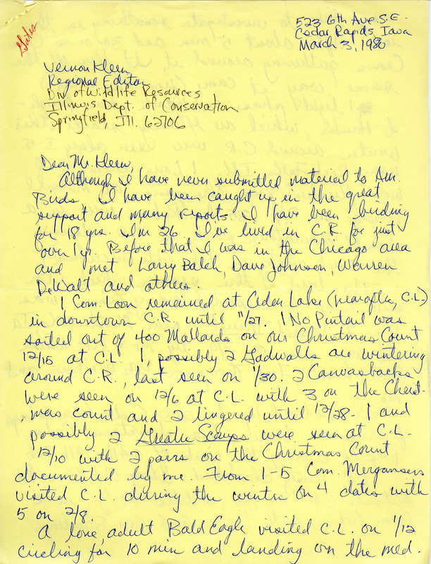 Field notes contributed by Tim Gates in a letter to Vernon M. Kleen, March 3, 1980. Field notes include birds sighted in the Christmas County. This item was used as supporting documentation for the Iowa Ornithologists Union Quarterly field report of winter 1979-1980.