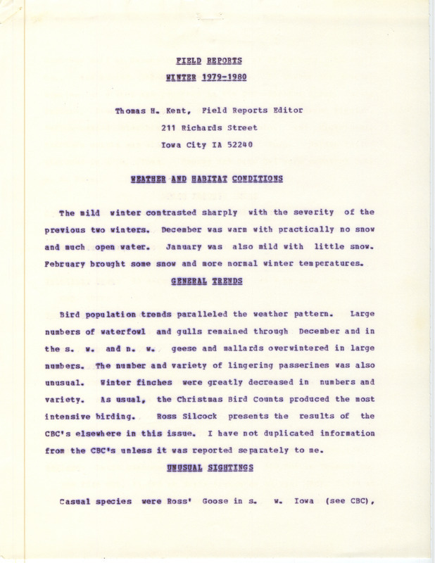 Quarterly field report for the winter of 1979-1980 titled, "field reports winter 1979-1980."