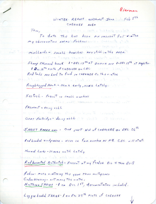 Field notes contributed by Dick Bierman in a letter to Thomas H. Kent, February 5,1980. This item was used as supporting documentation for the Iowa Ornithologists' Union Quarterly field report of winter 1979-1980.