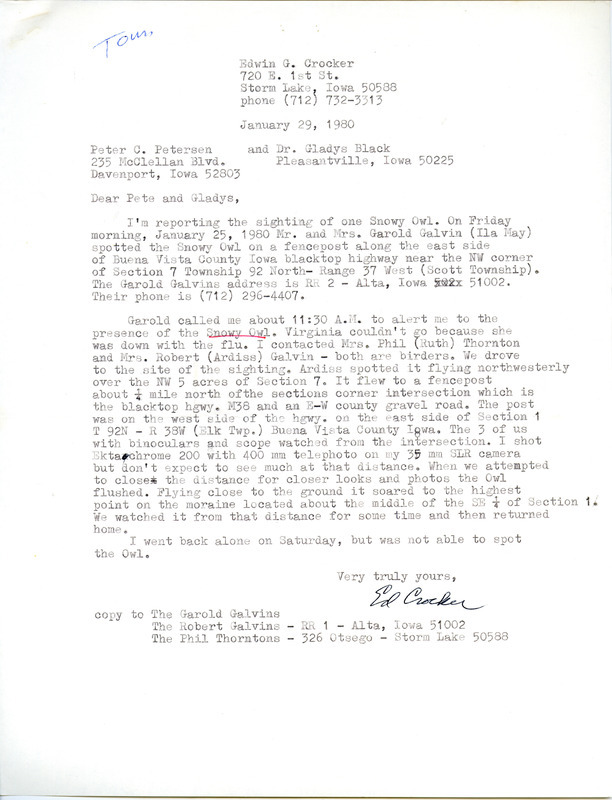 Field notes contributed by Edwin G. Crocker in a letter to Peter C. Petersen and Gladys Black, regarding sighting of a Snowy Owl on January 25, 1980. This item was used as supporting documentation for the Iowa Ornithologists Union Quarterly field report of winter 1979-1980.