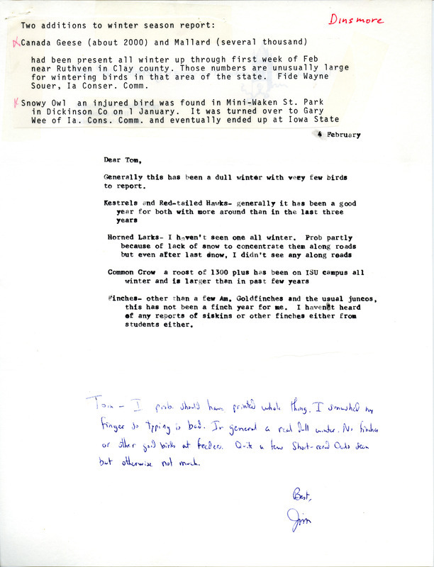 Field notes contributed by James J. Dinsmore in a letter to Thomas H. Kent, February 4, 1980. This item was used as supporting documentation for the Iowa Ornithologists Union Quarterly field report of winter 1979-1980.