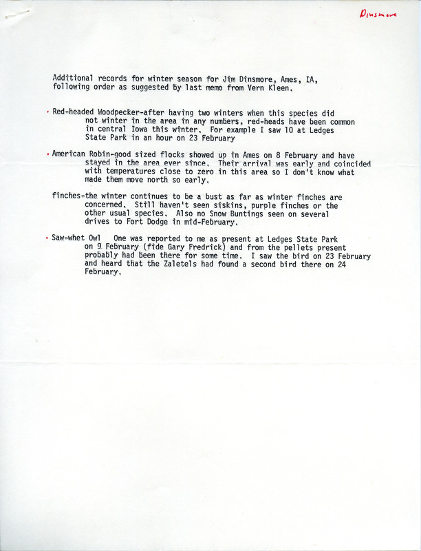 Field notes contributed by James J. Dinsmore, winter 1979-1980, Ames, Iowa. The field notes include additional bird sighting information. This item was used as supporting documentation for the Iowa Ornithologists Union Quarterly field report of winter 1979-1980.