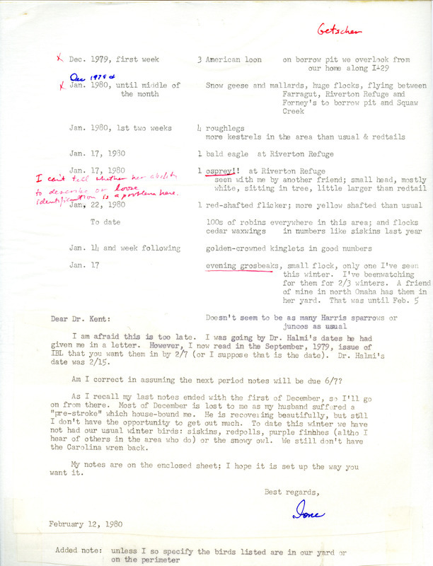 Field notes contributed by Ione Getscher in a letter to Thomas H. Kent, February 12, 1980. This item was used as supporting documentation for the Iowa Ornithologists Union Quarterly field report of winter 1979-1980.