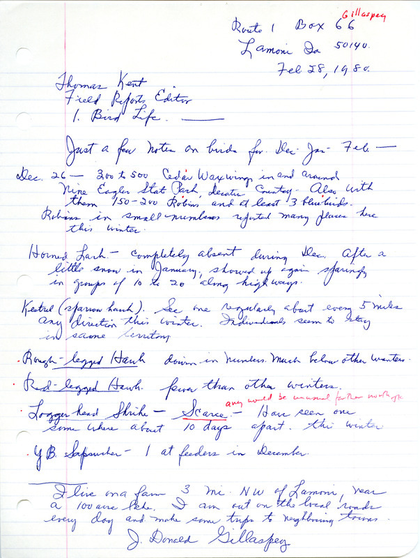 Field notes contributed by J. Donald Gillaspey in a letter to Thomas H. Kent, February 28, 1980. This item was used as supporting documentation for the Iowa Ornithologists Union Quarterly field report of winter 1979-1980.