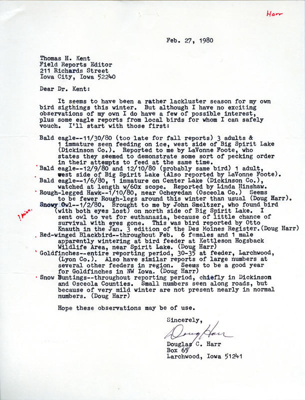 Field notes contributed by Douglas C. Harr in a letter to Thomas H. Kent, February 27, 1980. This item was used as supporting documentation for the Iowa Ornithologists Union Quarterly field report of winter 1979-1980.