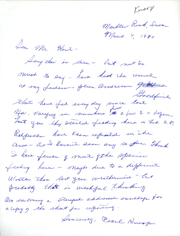 Field notes contributed by Pearl Knoop in a letter to Thomas H. Kent, March 4, 1980. This item was used as supporting documentation for the Iowa Ornithologists Union Quarterly field report of winter 1979-1980.