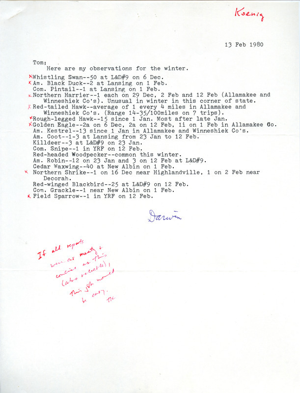 List of birds and locations contributed by Darwin Koenig, February 13, 1980. This item was used as supporting documentation for the Iowa Ornithologists Union Quarterly field report of winter 1979-1980.