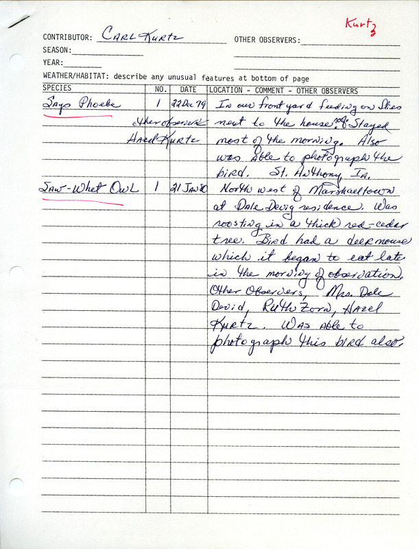 List of birds and locations contributed by Carl Kurtz. This item was used as supporting documentation for the Iowa Ornithologists Union Quarterly field report of winter 1979-1980.