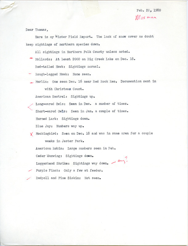 Field notes contributed by Dean Mosman in a letter to Thomas H. Kent, February 22, 1980. This item was used as supporting documentation for the Iowa Ornithologists Union Quarterly field report of winter 1979-1980.