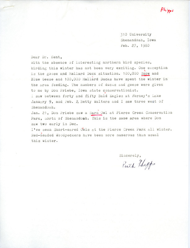 Field notes contributed by Ruth Phipps in a letter to Thomas H. Kent February 27, 1980. It includes an additional note regarding the sighting of two barn owls by Don Priebe. This item was used as supporting documentation for the Iowa Ornithologists Union Quarterly field report of winter 1979-1980.