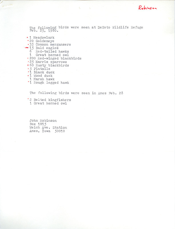 List of birds and locations contributed by John C. Robinson. This item was used as supporting documentation for the Iowa Ornithologists Union Quarterly field report of winter 1979-1980.