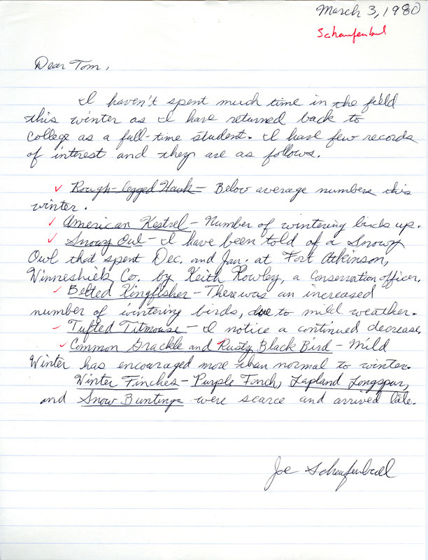 Field notes contributed by Joseph P. Schaufenbuel in a letter to Thomas H. Kent, March 3, 1980. This item was used as supporting documentation for the Iowa Ornithologists Union Quarterly field report of winter 1979-1980.