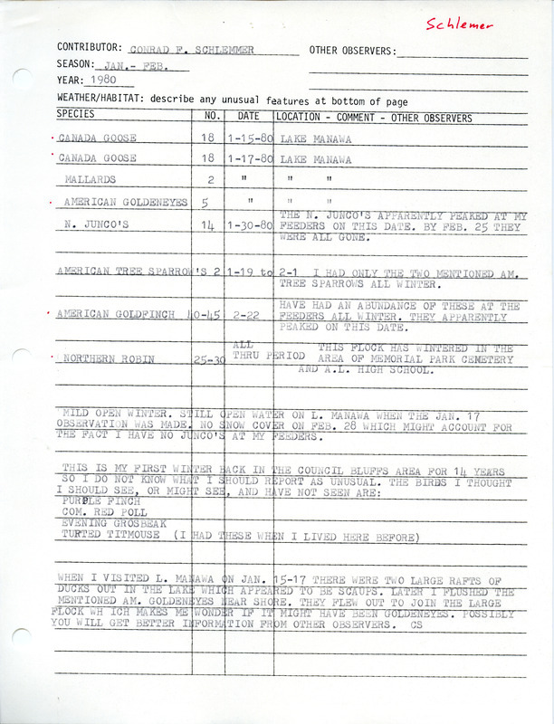 List of birds and locations contributed by Conrad F. Schlemmer. This item was used as supporting documentation for the Iowa Ornithologists Union Quarterly field report of winter 1979-1980.