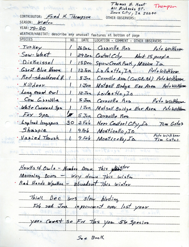 List of birds and locations contributed by Fred K. Thompson with observers Peter P. Wickham and Tim Gates. Field notes include a comment by Fred K. Thompson on listing the names of birders in Iowa bird life. This item was used as supporting documentation for the Iowa Ornithologists Union Quarterly field report of winter 1970-1980.