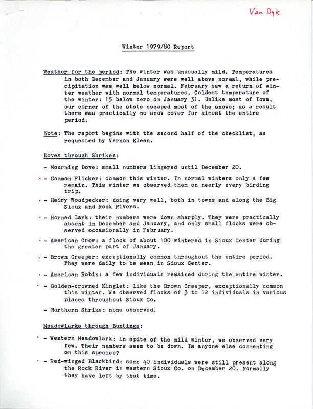 List of birds and locations contributed by John Van Dyk. This item was used as supporting documentation for the Iowa Ornithologists Union Quarterly field report of winter 1979-1980.