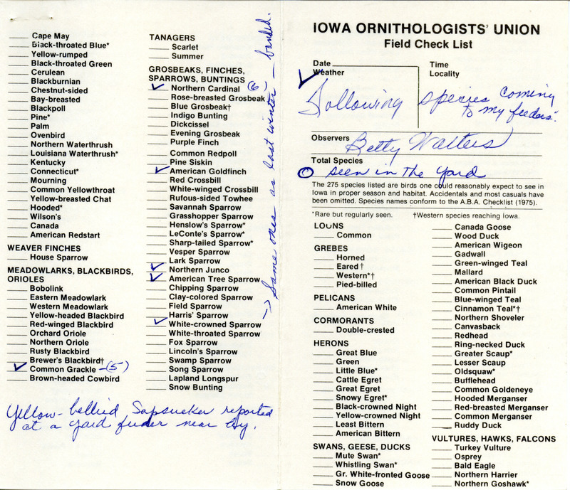 Iowa Ornithologists' Union field Checklist contributed by Betty Walters. The Checklist includes a list of birds observed with no locations noted. This item was used as supporting documentation for the Iowa Ornithologists Union Quarterly field report of winter 1979-1980.