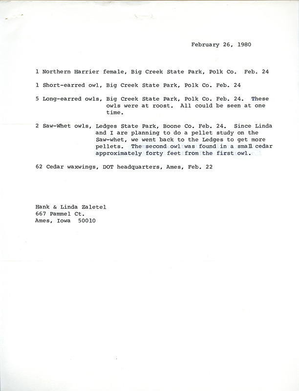 List of birds and locations contributed by Hank and Linda Zaletel. This item was used as supporting documentation for the Iowa Ornithologists Union Quarterly field report of winter 1979-1980.