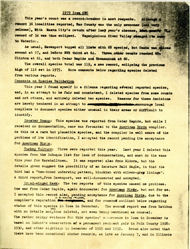 1979 Christmas bird County for the state of Iowa. This item was used as supporting documentation for the Iowa Ornithologists Union Quarterly field report of winter 1979-1980.