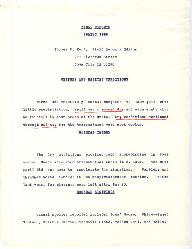 Quarterly field report for the spring of 1980 titled "field reports spring 1980."