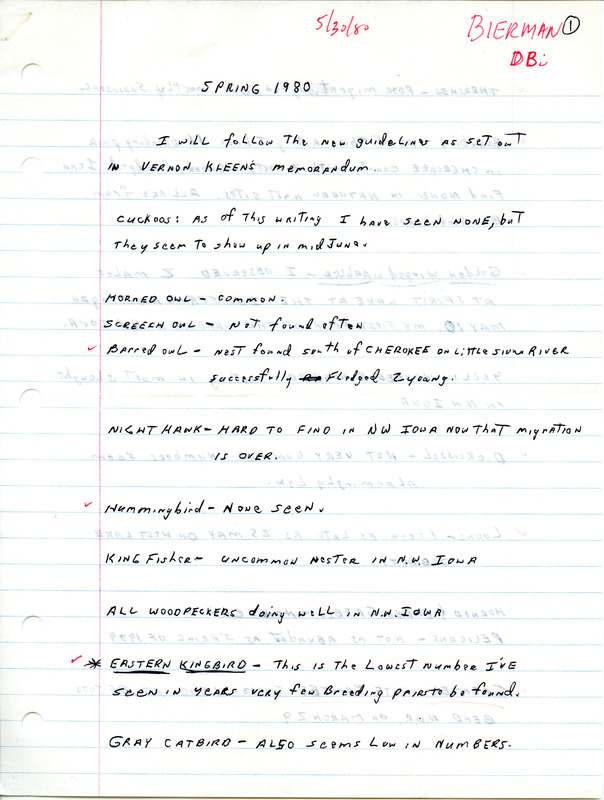 List of birds and locations contributed by Dick Bierman. This item was used as supporting documentation for the Iowa Ornithologists Union Quarterly field report of spring 1980.