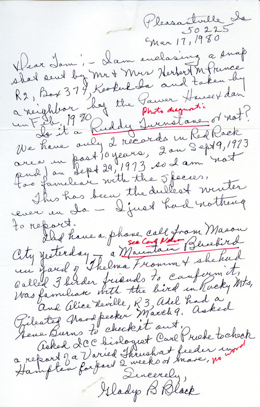 Field notes contributed by Gladys Black in a letter to Thomas H. Kent, March 17, 1980. This item was used as supporting documentation for the Iowa Ornithologists Union Quarterly field report of spring 1980.