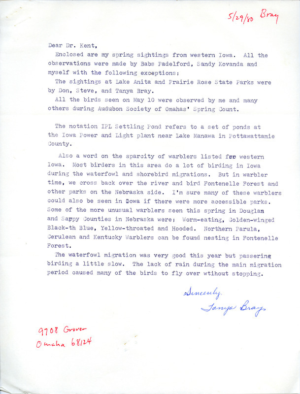 List of birds and locations contributed by Tanya Bray with observers Don Bray, Sandra Kovanda and Babs Padelford. This item was used as supporting documentation for the Iowa Ornithologists Union Quarterly field report of spring 1980.