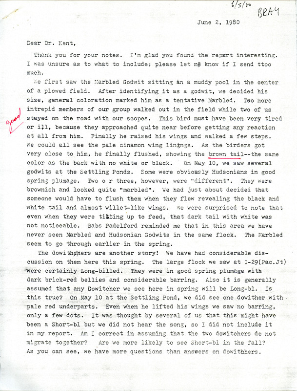 Field notes contributed by Tanya Bray in a letter to Thomas H. Kent, June 2, 1980. The letter includes identification information on the sighting of a Marbled Godwit. This item was used as supporting documentation for the Iowa Ornithologists Union Quarterly field report of spring 1980.