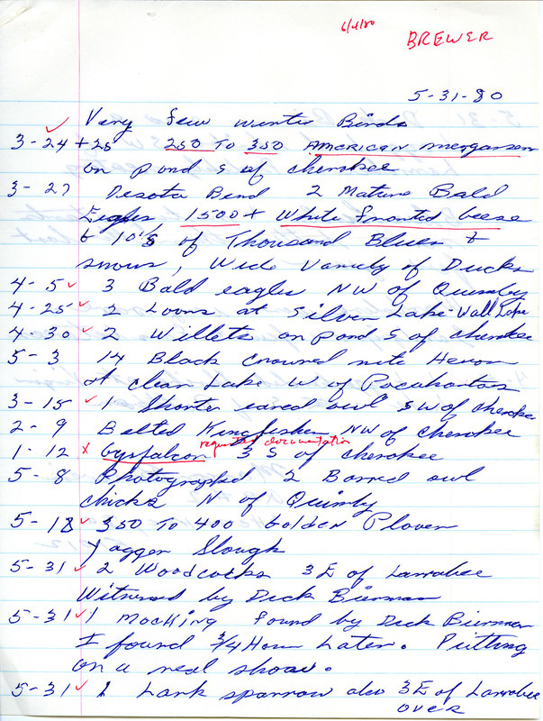 List of birds and locations contributed by Marion M. Brewer. This item was used as supporting documentation for the Iowa Ornithologists Union Quarterly field report of spring 1980.