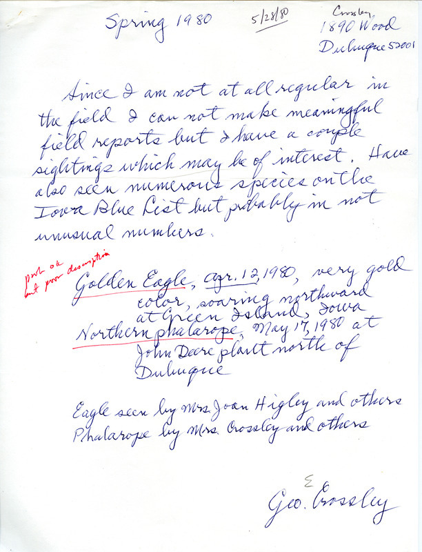 List of birds and locations contributed by George E. Crossley. This item was used as supporting documentation for the Iowa Ornithologists Union Quarterly field report of spring 1980.