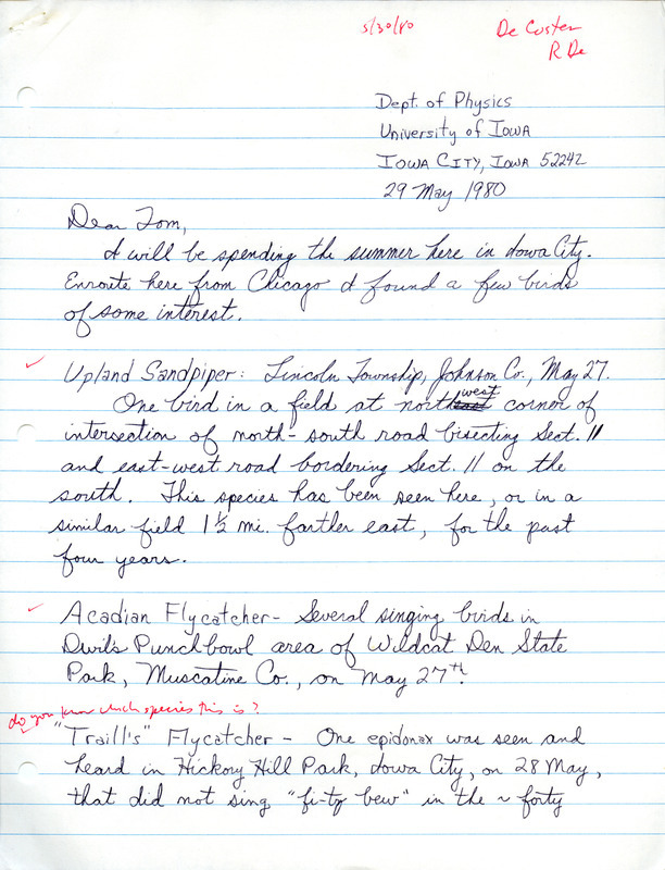 Field notes contributed by Rich DeCoster in a letter to Thomas H. Kent, May 29, 1980. This item was used as supporting documentation for the Iowa Ornithologists Union Quarterly field report of spring 1980.