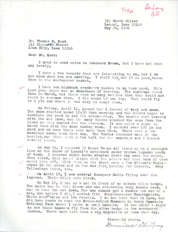 Field notes contributed by Genevieve DeLong in a letter to Thomas H. Kent, May 29, 1980. This item was used as supporting documentation for the Iowa Ornithologists Union Quarterly field report of spring 1980.