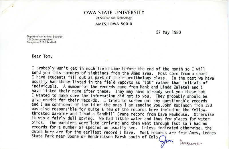 Field notes contributed by James J. Dinsmore in a letter to Thomas H. Kent, May 27, 1980 with observers John C. Robinson, David A. Newhouse, Hank and Linda Zaletel and students. This item was used as supporting documentation for the Iowa Ornithologists Union Quarterly field report of spring 1980.