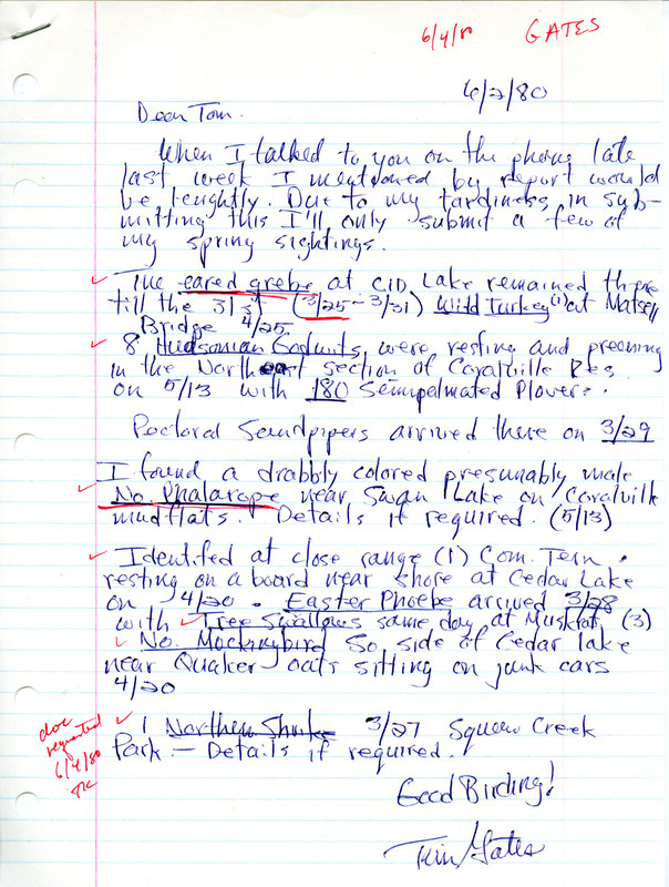 Field notes contributed by Tim Gates in a letter to Thomas H. Kent, June 2, 1980. This item was used as supporting documentation for the Iowa Ornithologists Union Quarterly field report of spring 1980.