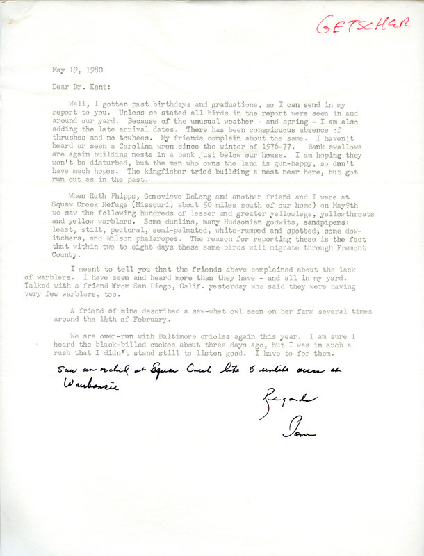 Field notes contributed by Ione Getscher in a letter to Thomas H. Kent, May 19, 1980 with observers Ruth Phipps and Genevieve DeLong. This item was used as supporting documentation for the Iowa Ornithologists Union Quarterly field report of spring 1980.