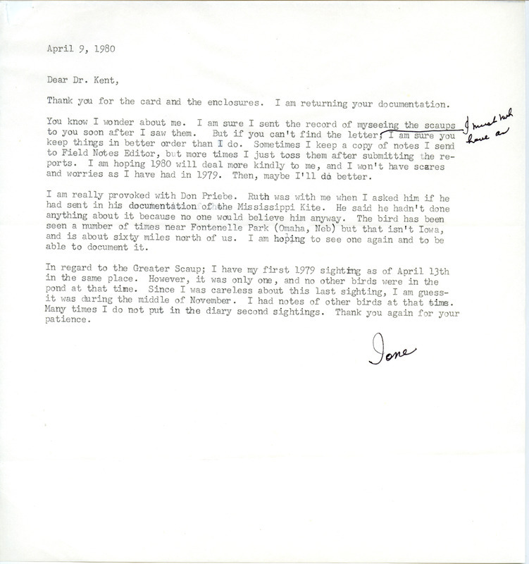 Field notes contributed by Ione Getscher in a letter to Thomas H. Kent, May 19, 1980. The field notes contain additional species information. This item was used as supporting documentation for the Iowa Ornithologists Union Quarterly field report of spring 1980.