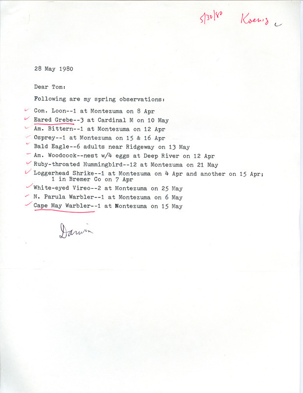 Field notes contributed by Darwin Koenig in a letter to Thomas H. Kent, May 28, 1980. This item was used as supporting documentation for the Iowa Ornithologists Union Quarterly field report of spring 1980.