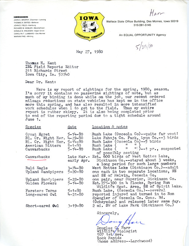 Field notes contributed by Douglas C. Harr in a letter to Thomas H. Kent, May 27, 1980. This item was used as supporting documentation for the Iowa Ornithologists Union Quarterly field report of spring 1980.