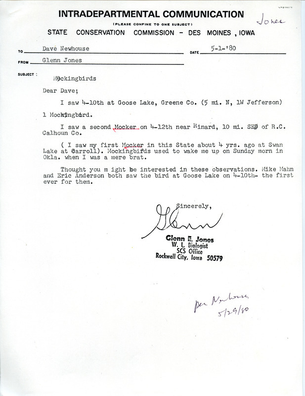 Field notes contributed by Glenn E. Jones in a letter to David A. Newhouse, May 1, 1980 with Mockingbird sightings. This item was used as supporting documentation for the Iowa Ornithologists Union Quarterly field report of spring 1980.