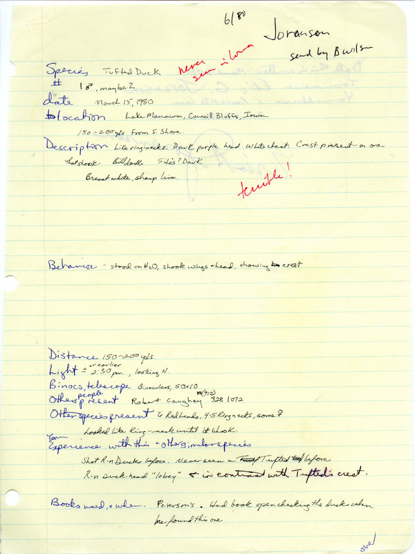 Field notes contributed by Eric G. Joranson regarding the sighting of a Tufted Duck. This item was used as supporting documentation for the Iowa Ornithologists Union Quarterly field report of spring 1980.