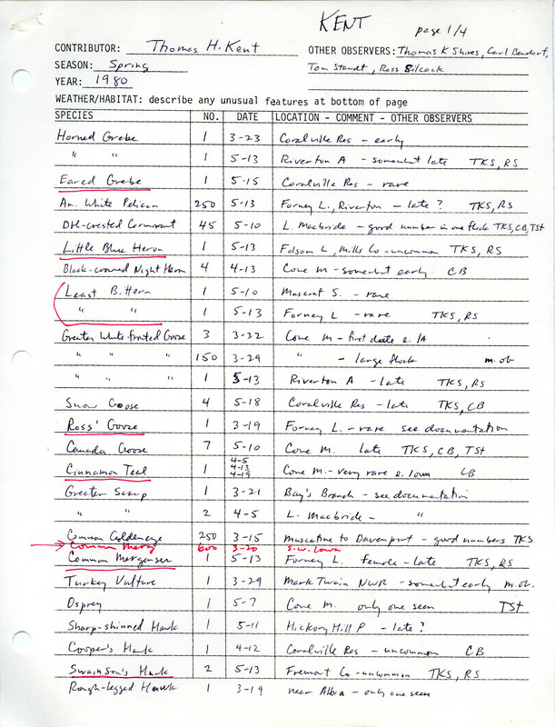 List of birds and locations contributed by Thomas H. Kent with observers Thomas K. Shires, Carl J. Bendorf, Thomas J. Staudt and W. Ross Silcock. This item was used as supporting documentation for the Iowa Ornithologists Union Quarterly field report of spring 1980.