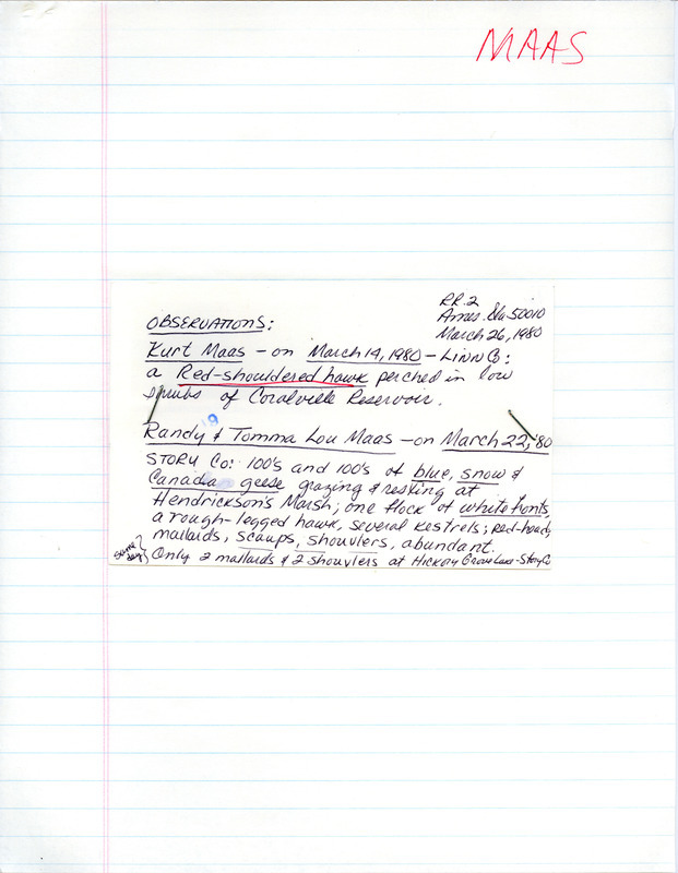 List of birds and locations contributed by Randy Maas, Tomma Lou Mass and Kurt Maas. This item was used as supporting documentation for the Iowa Ornithologists Union Quarterly field report of spring 1980.