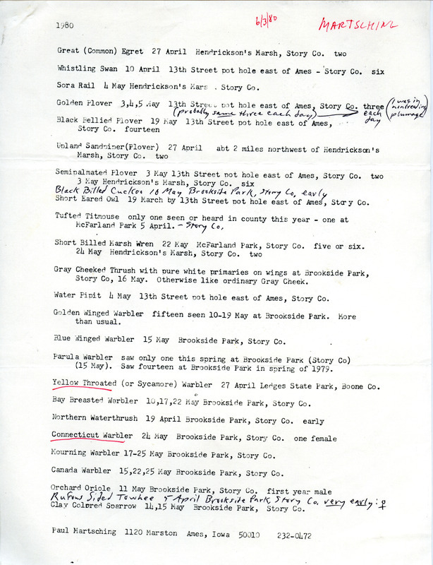 List of birds and locations contributed by Paul Martsching. This item was used as supporting documentation for the Iowa Ornithologists Union Quarterly field report of spring 1980.