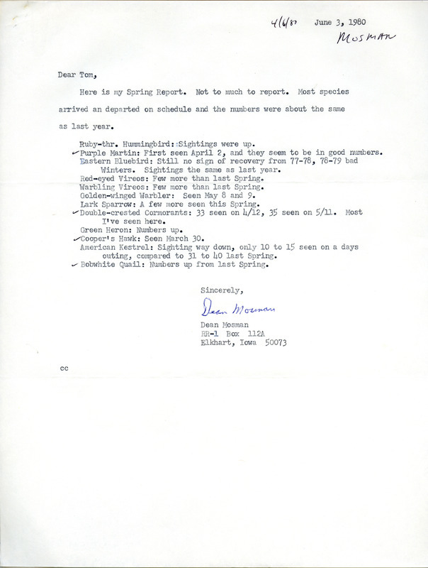 Field notes contributed by Dean Mosman in a letter to Thomas H. Kent, June 3, 1980. This item was used as supporting documentation for the Iowa Ornithologists Union Quarterly field report of spring 1980.