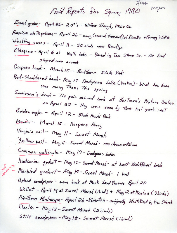 List of birds and locations contributed by Robert K. Myers. This item was used as supporting documentation for the Iowa Ornithologists Union Quarterly field report of spring 1980.