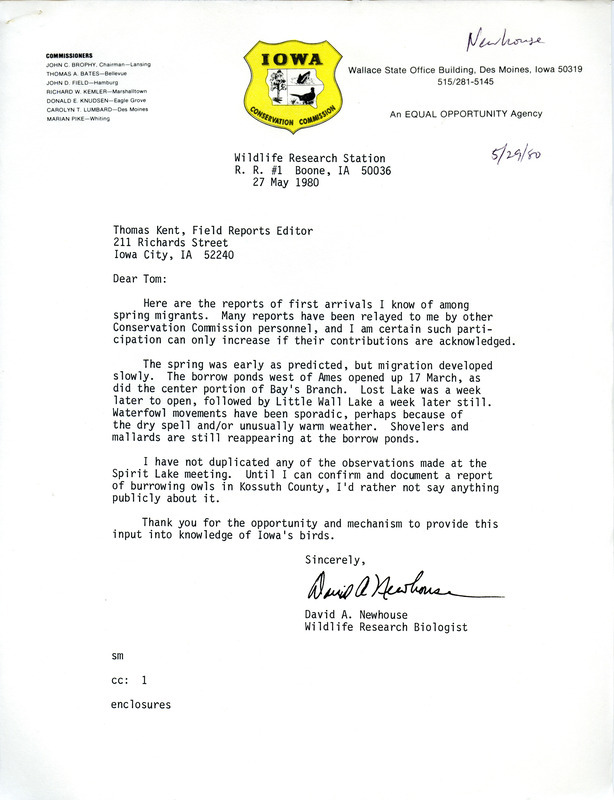 Field notes contributed by David A. Newhouse in a letter to Thomas H. Kent. Includes a list of birds and locations with observers from the Iowa Conservation Commission. This item was used as supporting documentation for the Iowa Ornithologists Union Quarterly field report of spring 1980.