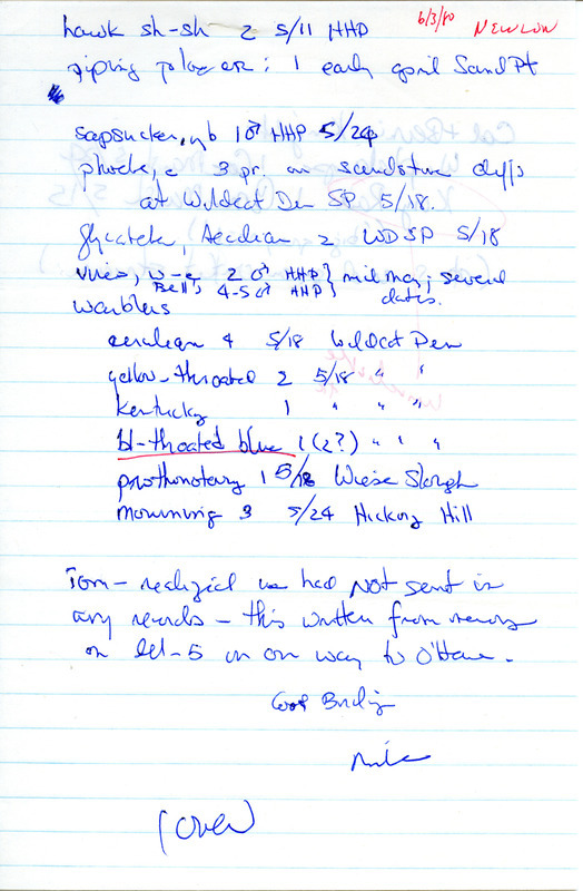 List of birds and locations contributed by Michael C. Newlon with observers Bernie Knight and Calvin Knight. This item was used as supporting documentation for the Iowa Ornithologists Union Quarterly field report of spring 1980.