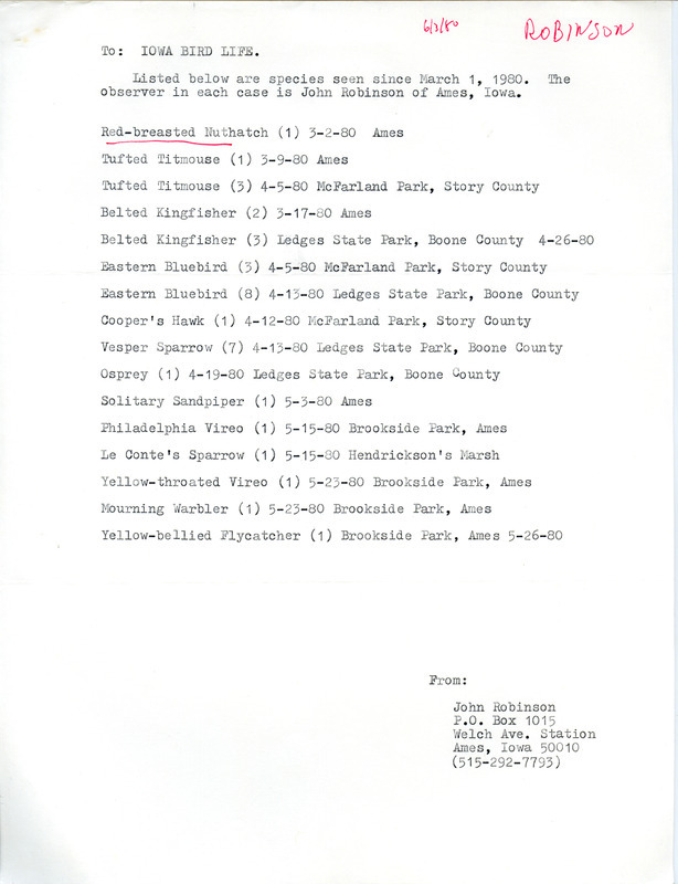 List of birds and locations contributed by John C. Robinson. This item was used as supporting documentation for the Iowa Ornithologists Union Quarterly field report of spring 1980.