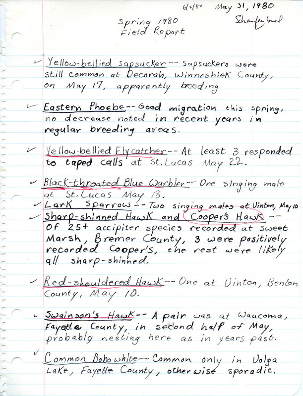 List of birds and locations contributed by Joseph P. Schaufenbuel. This item was used as supporting documentation for the Iowa Ornithologists Union Quarterly field report of spring 1980.