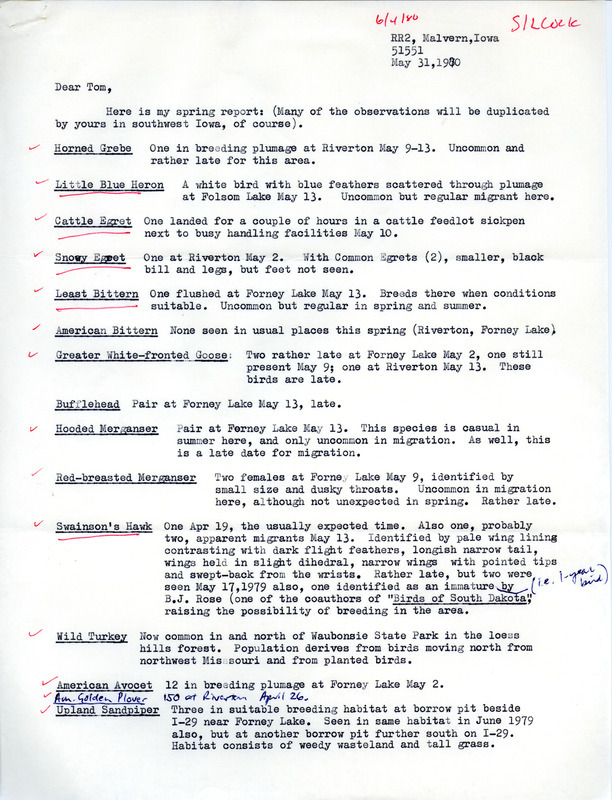 Field notes contributed by W. Ross Silcock in a letter to Thomas H. Kent, May 31, 1980. This item was used as supporting documentation for the Iowa Ornithologists Union Quarterly field report of spring 1980.